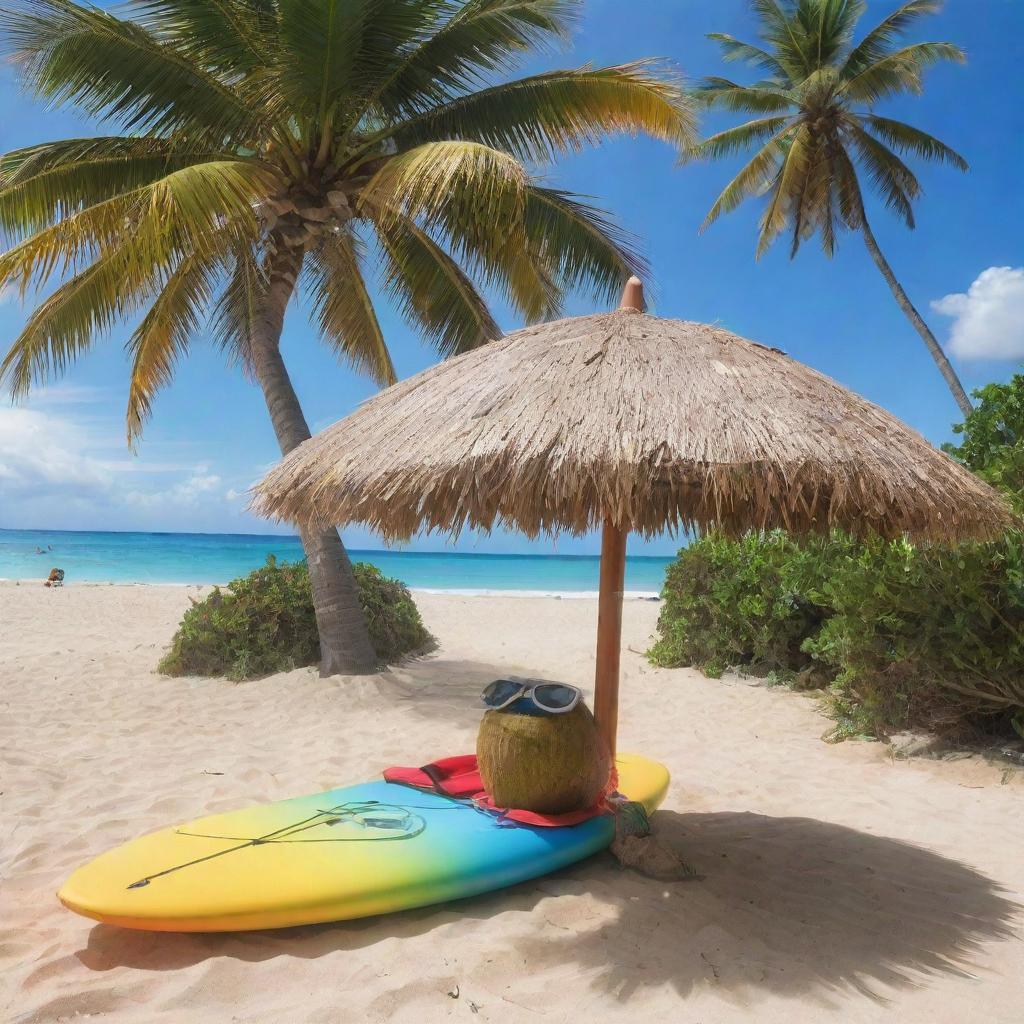 A coconut personified as an AI, with digital eyes and circuit overlay, lounging under a palm tree umbrella with a surfboard nearby, set against a vibrant beach setting.