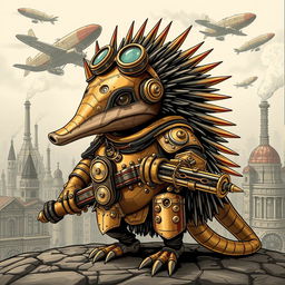 A striking illustration of a steampunk echidna, featuring an anthropomorphic design with intricate mechanical elements