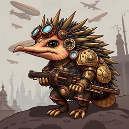 A striking illustration of a steampunk echidna, featuring an anthropomorphic design with intricate mechanical elements