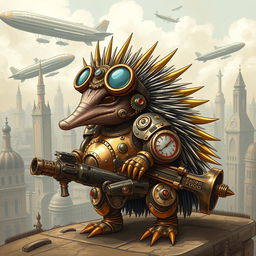 A striking illustration of a steampunk echidna, featuring an anthropomorphic design with intricate mechanical elements