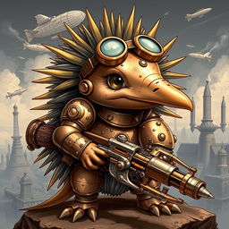 A striking illustration of a steampunk echidna, featuring an anthropomorphic design with intricate mechanical elements