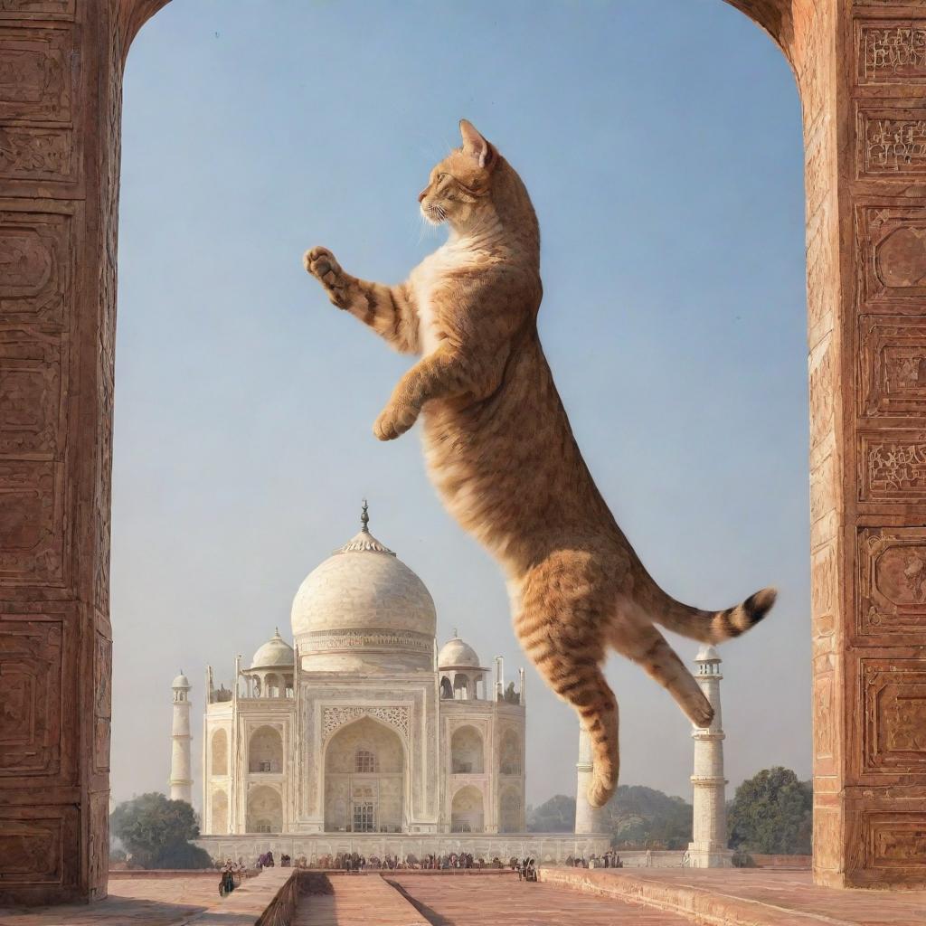 A scene from a fantasy world where a giant cat is playfully climbing the iconic structure of the Taj Mahal