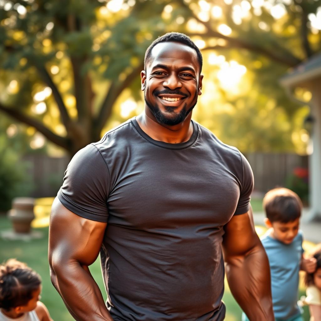 A strong black father in his 50s, showcasing his muscular build and confident demeanor