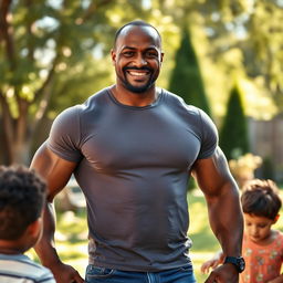 A strong black father in his 50s, showcasing his muscular build and confident demeanor