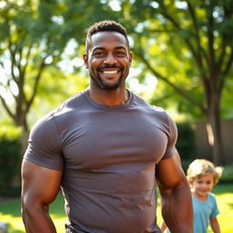 A strong black father in his 50s, showcasing his muscular build and confident demeanor