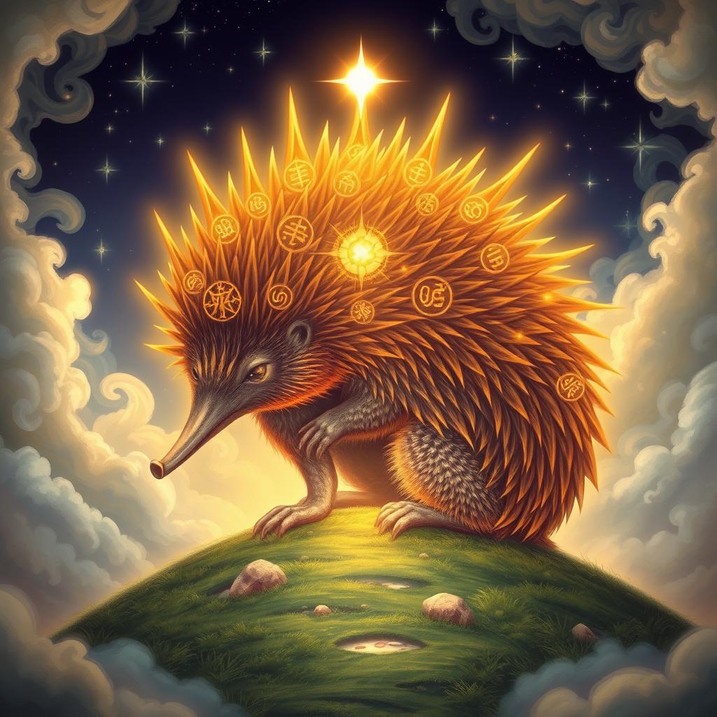 An awe-inspiring and majestic holy echidna, depicted as a mythical creature surrounded by an ethereal glow