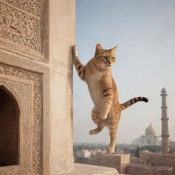 A scene from a fantasy world where a giant cat is playfully climbing the iconic structure of the Taj Mahal