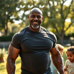 A strong black father in his 50s, showcasing his muscular build and confident demeanor