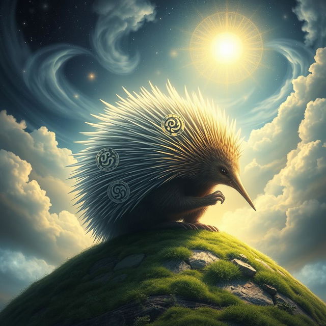 An awe-inspiring and majestic holy echidna, depicted as a mythical creature surrounded by an ethereal glow