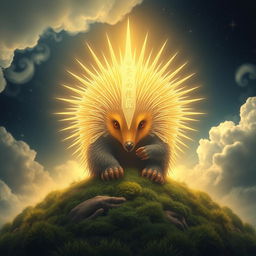 An awe-inspiring and majestic holy echidna, depicted as a mythical creature surrounded by an ethereal glow