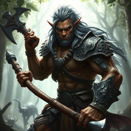 A dark orc, a handsome young man with striking brown skin and flowing gray hair, wielding a powerful war mace