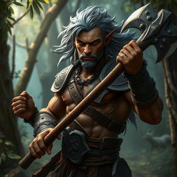 A dark orc, a handsome young man with striking brown skin and flowing gray hair, wielding a powerful war mace