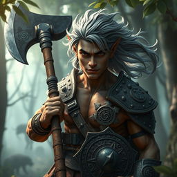 A dark orc, a handsome young man with striking brown skin and flowing gray hair, wielding a powerful war mace