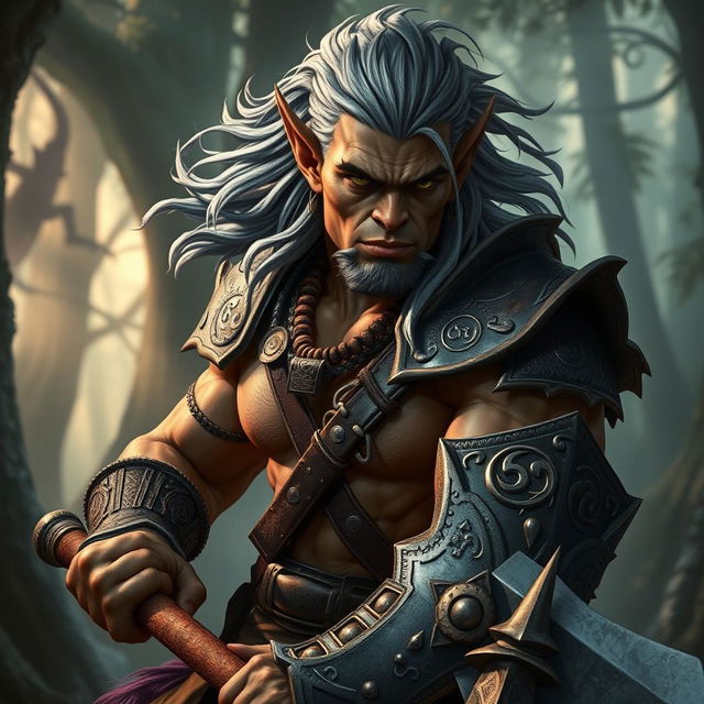 A dark orc, a handsome young man with striking brown skin and flowing gray hair, wielding a powerful war mace