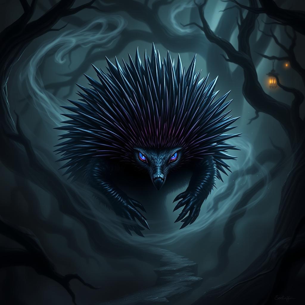 A striking and dramatic representation of a 'darkness echidna,' envisioned as a mysterious creature emerging from a shadowy realm