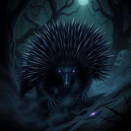 A striking and dramatic representation of a 'darkness echidna,' envisioned as a mysterious creature emerging from a shadowy realm