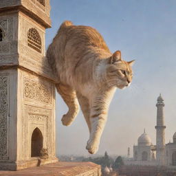 A scene from a fantasy world where a giant cat is playfully climbing the iconic structure of the Taj Mahal