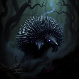 A striking and dramatic representation of a 'darkness echidna,' envisioned as a mysterious creature emerging from a shadowy realm