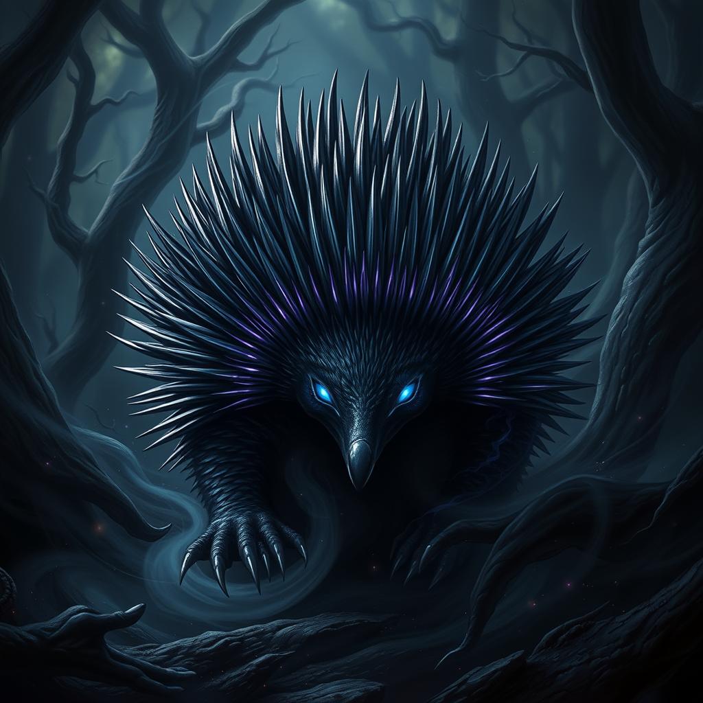 A striking and dramatic representation of a 'darkness echidna,' envisioned as a mysterious creature emerging from a shadowy realm