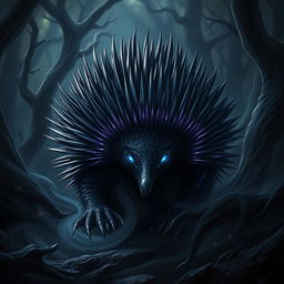 A striking and dramatic representation of a 'darkness echidna,' envisioned as a mysterious creature emerging from a shadowy realm