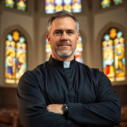 A strong, middle-aged man in his 50s wearing a black cassock