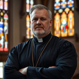 A strong, middle-aged man in his 50s wearing a black cassock