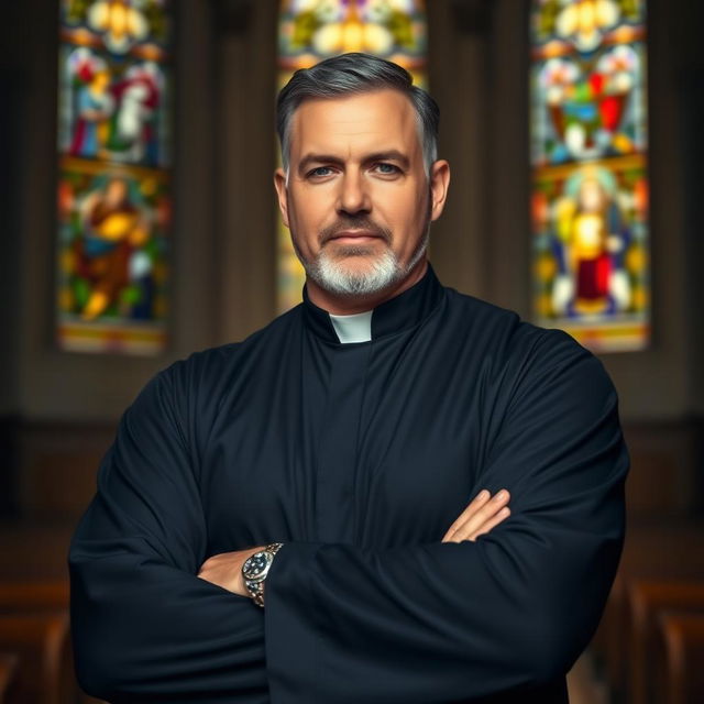 A strong, middle-aged man in his 50s wearing a black cassock