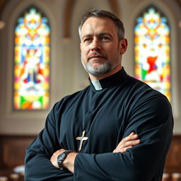 A strong, middle-aged man in his 50s wearing a black cassock