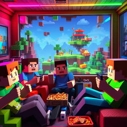 A lively digital scene depicting a group of friends playing Minecraft Bedwars within a vibrant pixelated landscape