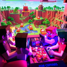 A lively digital scene depicting a group of friends playing Minecraft Bedwars within a vibrant pixelated landscape