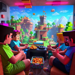 A lively digital scene depicting a group of friends playing Minecraft Bedwars within a vibrant pixelated landscape