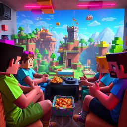 A lively digital scene depicting a group of friends playing Minecraft Bedwars within a vibrant pixelated landscape