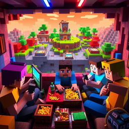 A lively digital scene depicting a group of friends playing Minecraft Bedwars within a vibrant pixelated landscape