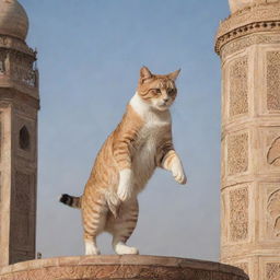 A scene from a fantasy world where a giant cat is playfully climbing the iconic structure of the Taj Mahal