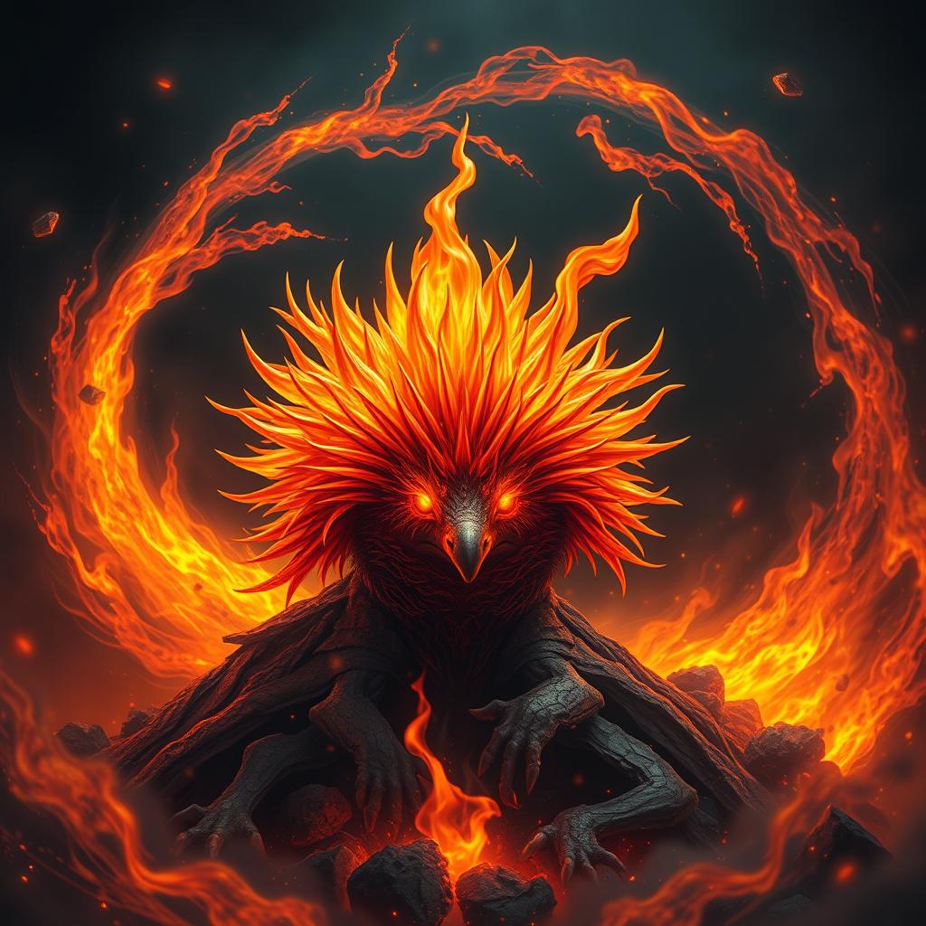 A breathtaking portrayal of an 'elemental flame echidna,' depicted as a mystical creature infused with the essence of fire