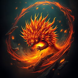 A breathtaking portrayal of an 'elemental flame echidna,' depicted as a mystical creature infused with the essence of fire