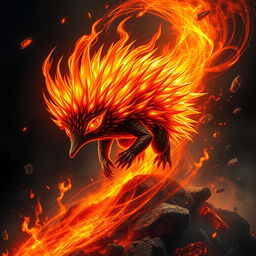 A breathtaking portrayal of an 'elemental flame echidna,' depicted as a mystical creature infused with the essence of fire