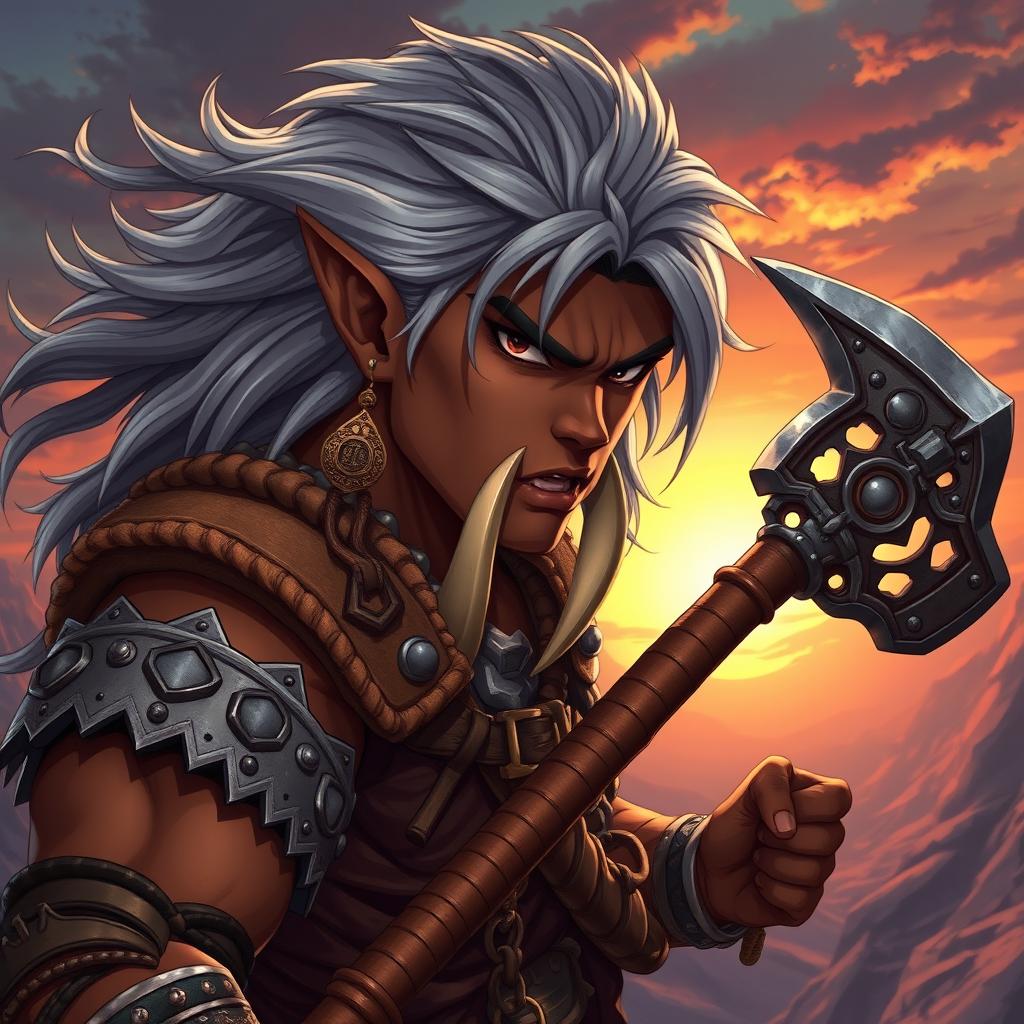 A handsome young dark orc man with striking features, brown skin and flowing gray hair