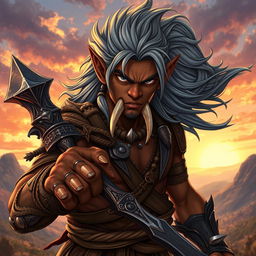 A handsome young dark orc man with striking features, brown skin and flowing gray hair