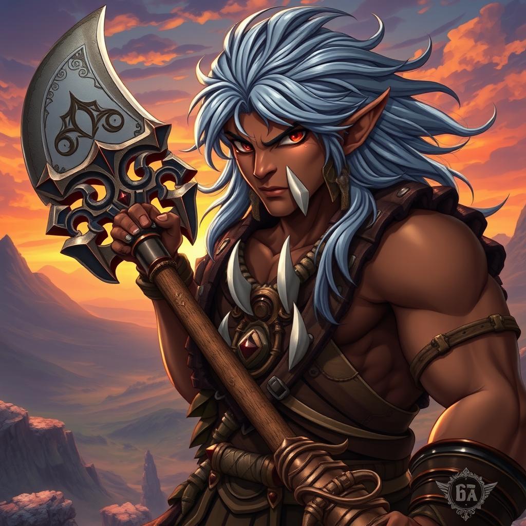 A handsome young dark orc man with striking features, brown skin and flowing gray hair