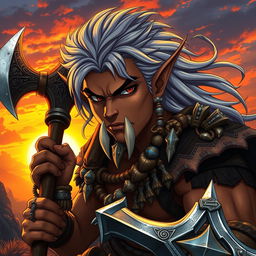 A handsome young dark orc man with striking features, brown skin and flowing gray hair