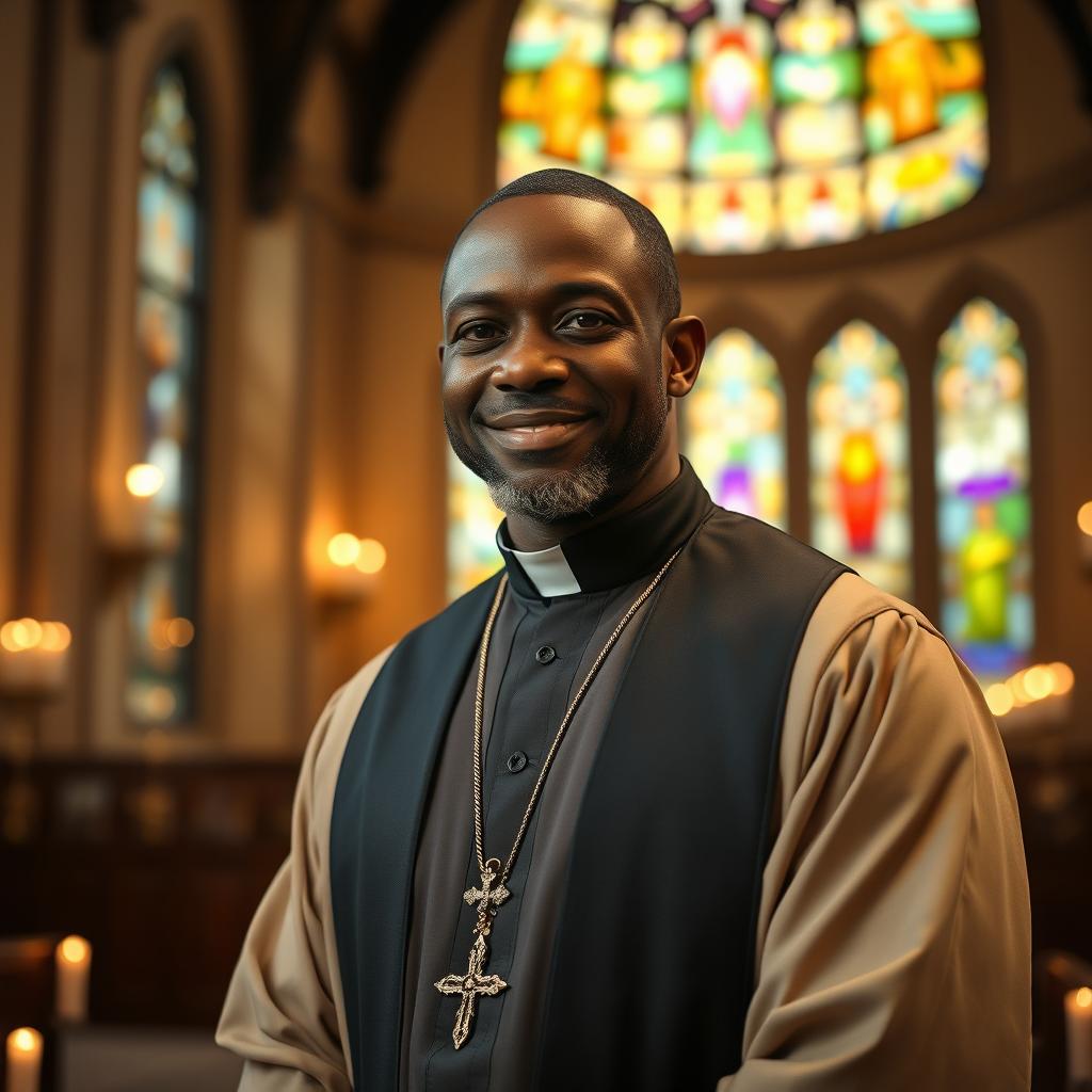 A strong, handsome black man wearing a traditional priest's cassock (batina), reflecting wisdom and maturity at 50 years old