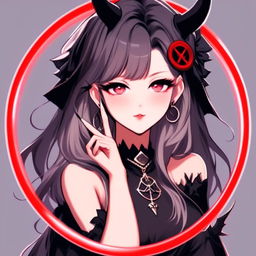 Anime profile picture of a beautiful woman with devilish horns and gothic attire, making a peace sign, encased within a cool circle border, set against a moody, moonlit landscape.