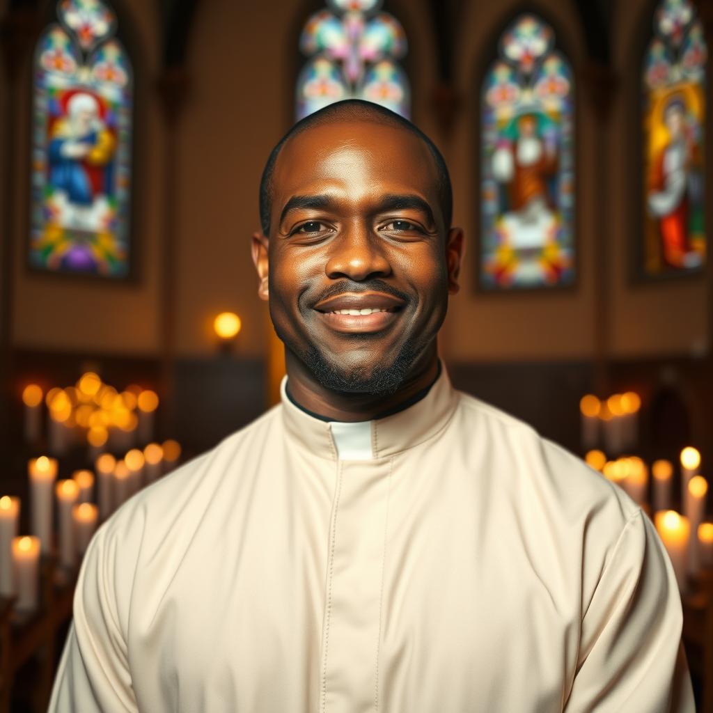 A strong, handsome black man wearing a traditional priest's cassock (batina), reflecting wisdom and maturity at 50 years old