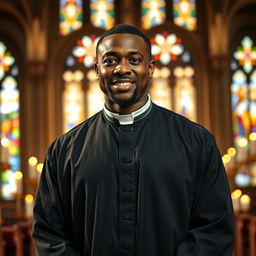 A strong, handsome black man wearing a traditional priest's cassock (batina), reflecting wisdom and maturity at 50 years old