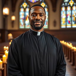 A strong, handsome black man wearing a traditional priest's cassock (batina), reflecting wisdom and maturity at 50 years old