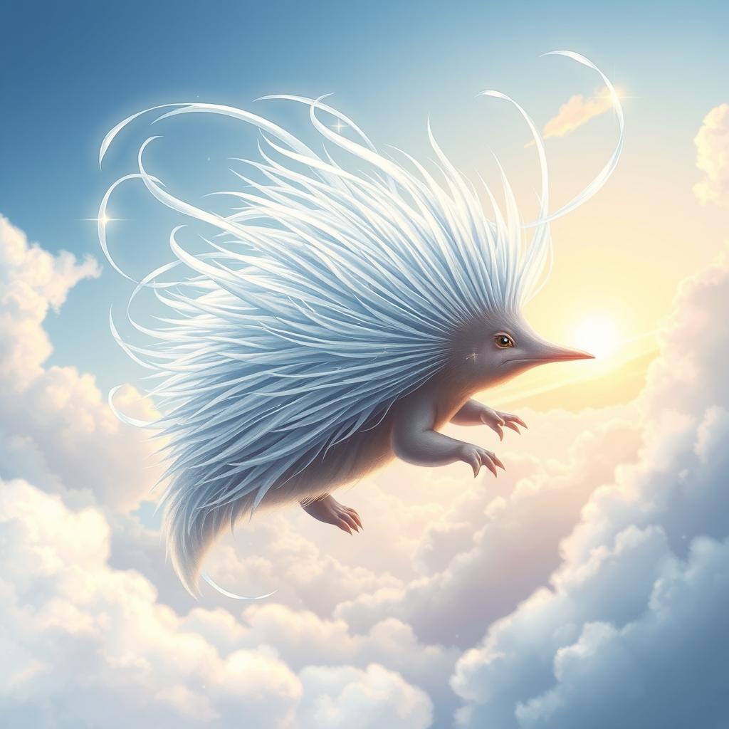 An enchanting illustration of an 'elemental air echidna,' portrayed as a graceful and ethereal creature embodying the essence of the wind