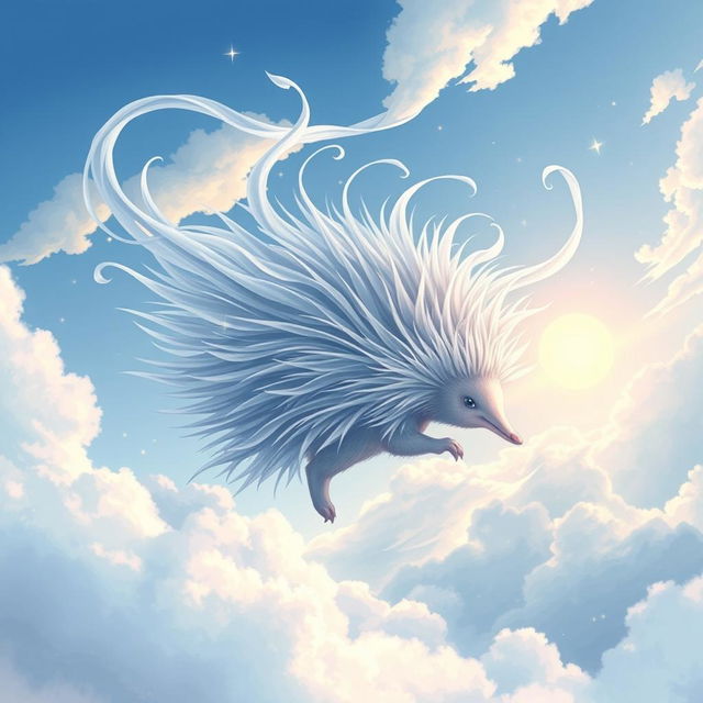 An enchanting illustration of an 'elemental air echidna,' portrayed as a graceful and ethereal creature embodying the essence of the wind