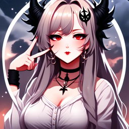 Anime profile picture of a beautiful woman with devilish horns and gothic attire, making a peace sign, encased within a cool circle border, set against a moody, moonlit landscape.