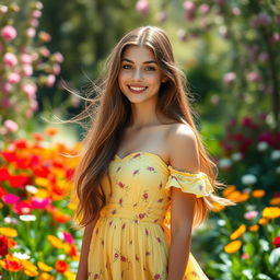 A beautiful young woman with long flowing hair, wearing a sunlit dress that sways in a gentle breeze